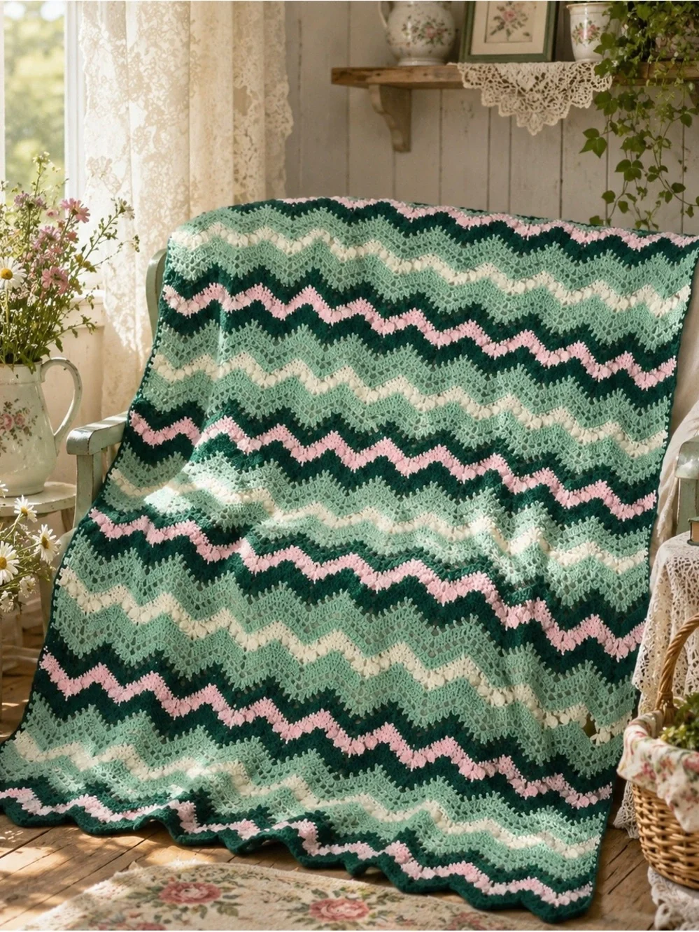 Vintage Cottagecore Crochet Ripple Blanket
